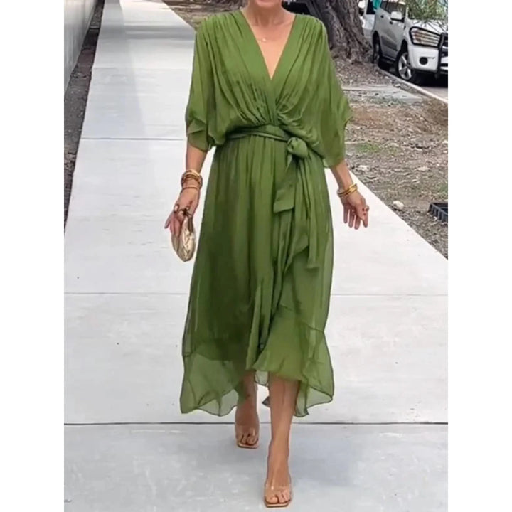 Abito midi donna scollo a V con cintura maniche a pipistrello