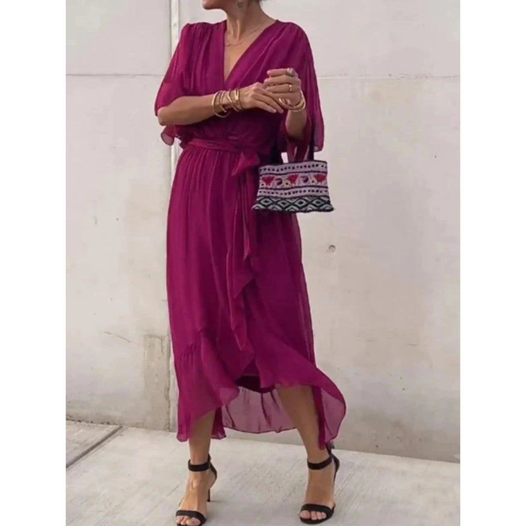 Abito midi donna scollo a V con cintura maniche a pipistrello