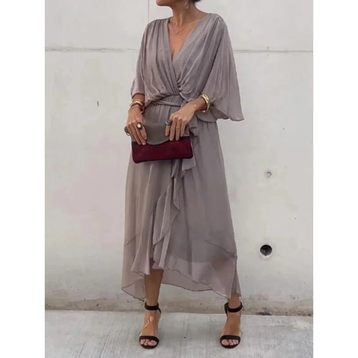 Abito midi donna scollo a V con cintura maniche a pipistrello
