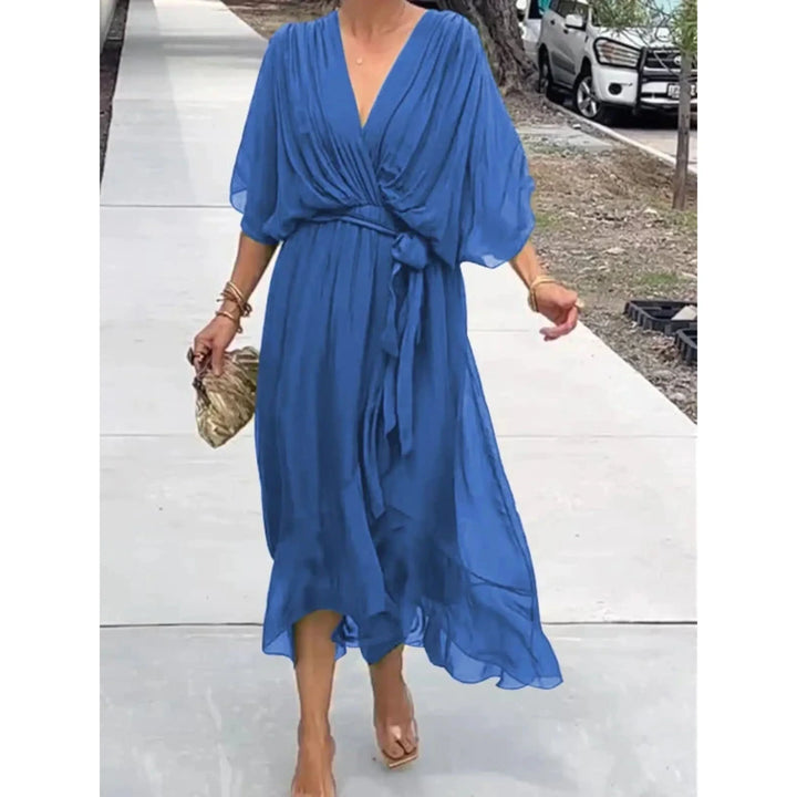 Abito midi donna scollo a V con cintura maniche a pipistrello