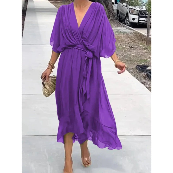 Abito midi donna scollo a V con cintura maniche a pipistrello