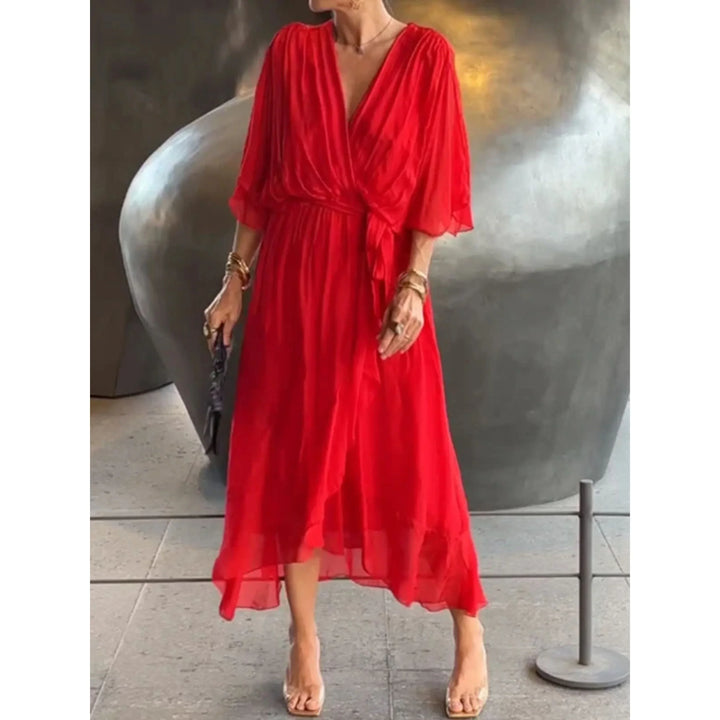 Abito midi donna scollo a V con cintura maniche a pipistrello