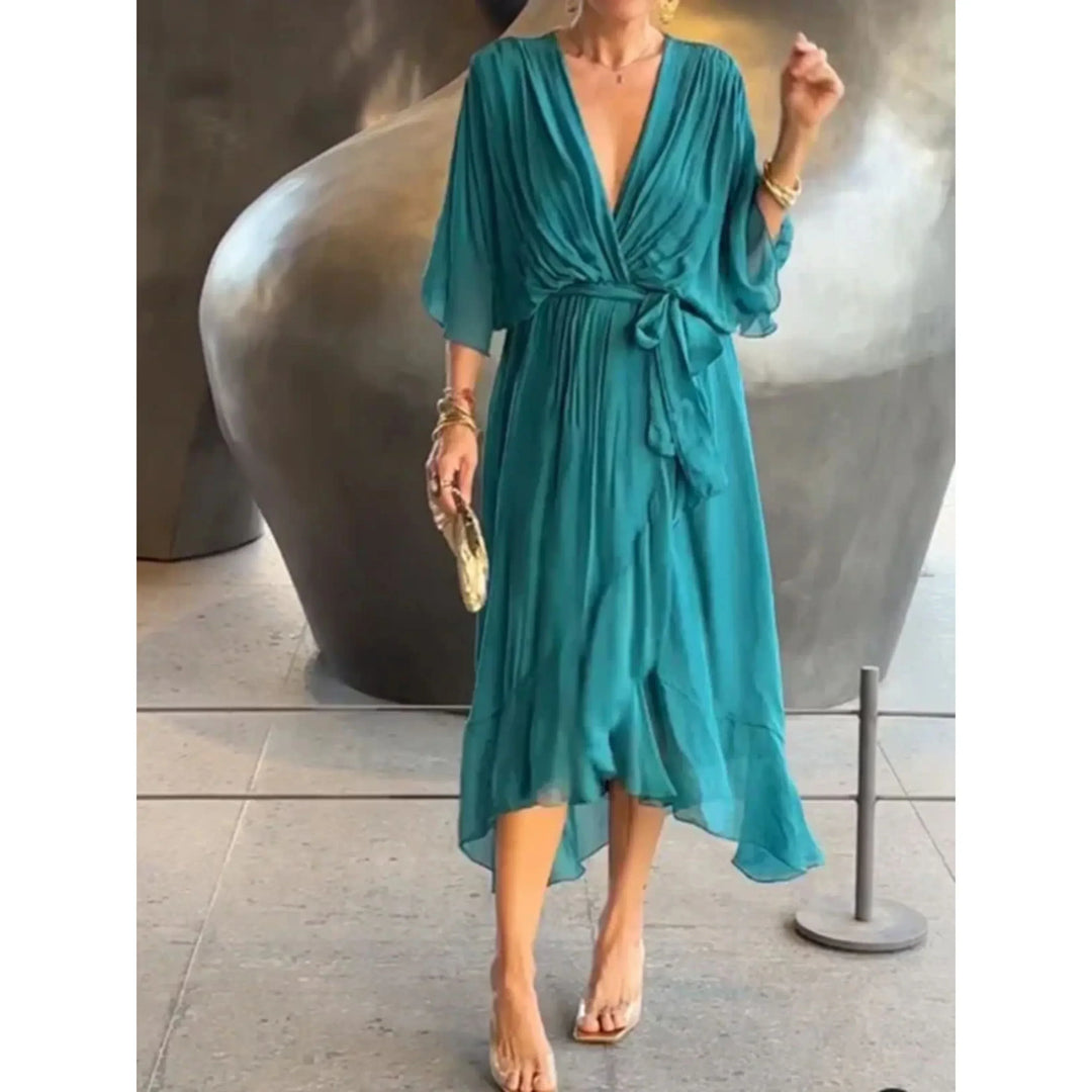 Abito midi donna scollo a V con cintura maniche a pipistrello