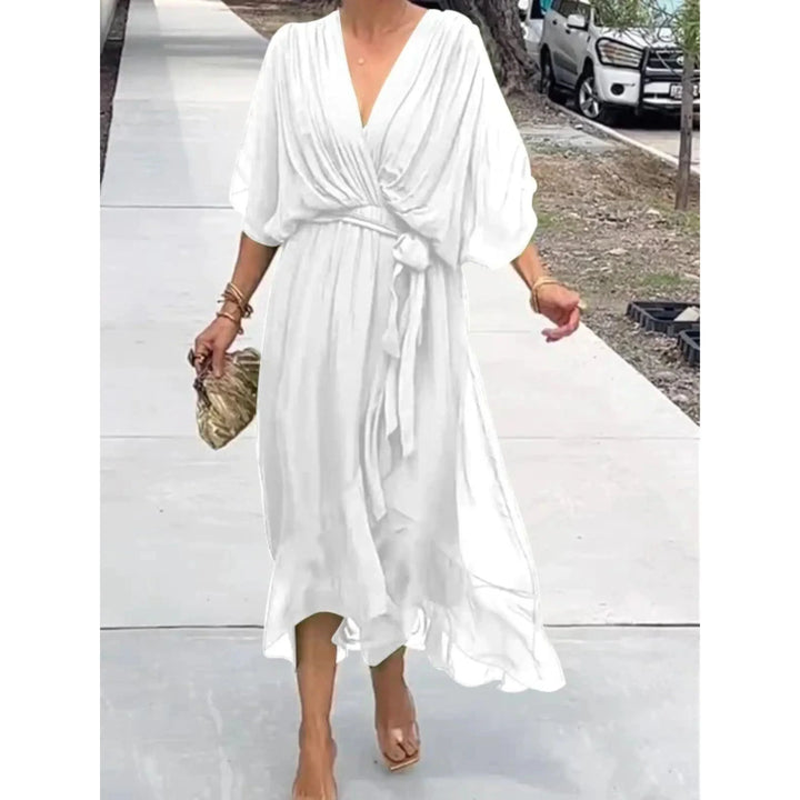 Abito midi donna scollo a V con cintura maniche a pipistrello
