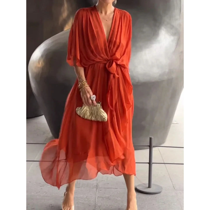 Abito midi donna scollo a V con cintura maniche a pipistrello