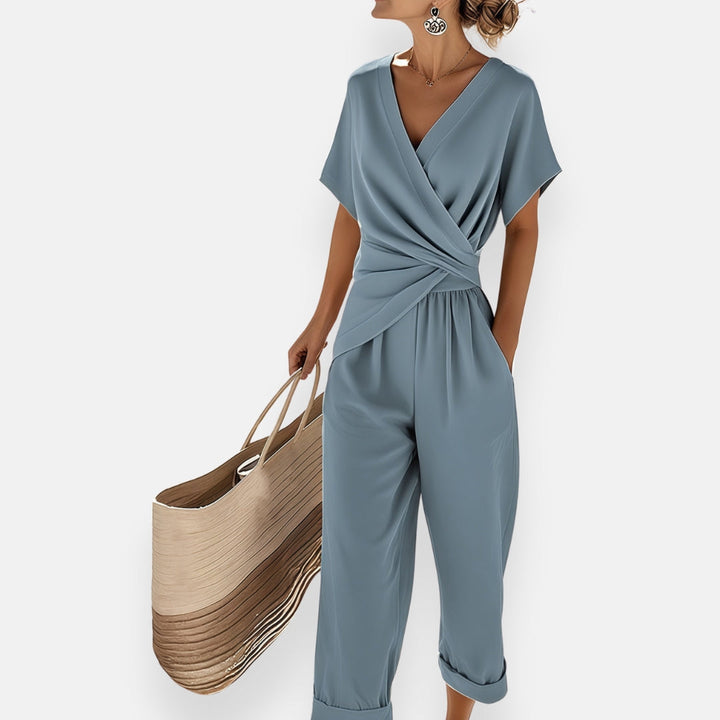 Completo donna scollo a V incrociato maniche corte pantalone ampio vita annodata