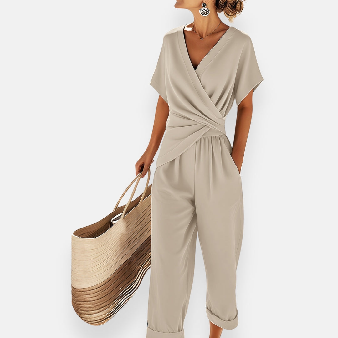 Completo donna scollo a V incrociato maniche corte pantalone ampio vita annodata