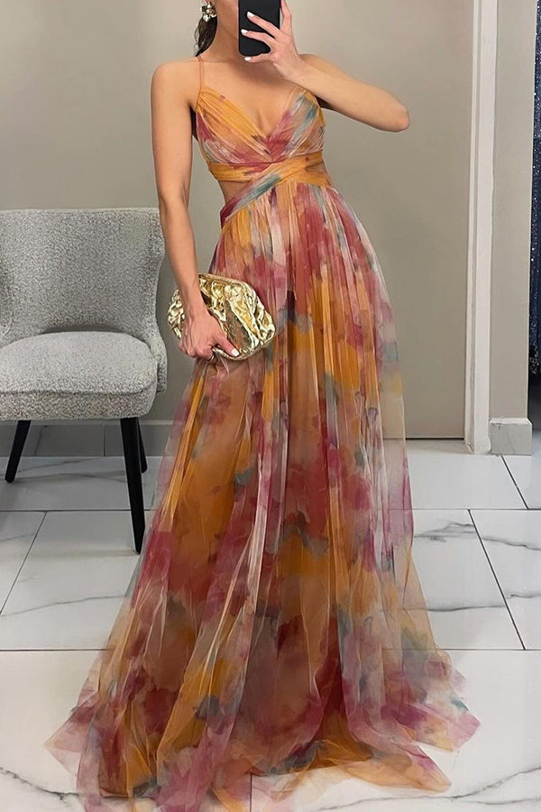 Vestito lungo da donna multicolore con bretelle sottili scollo a V fluido