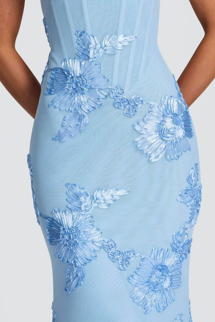 Vestito lungo donna bustier schiena scoperta con lacci ricami floreali a tubino