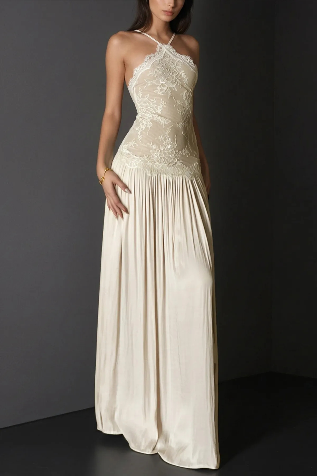 Vestito lungo da donna con collo halter, bustier in pizzo, schiena scoperta, gonna plissettata