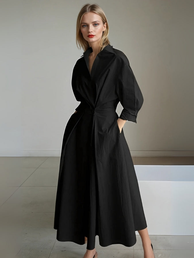 Abito midi da donna con colletto a camicia a V, maniche 3/4, plissettato, vita aderente e tasche
