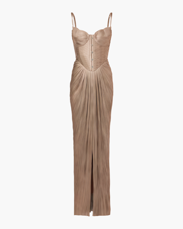 Vestito lungo da donna dorato con bustier plissettato, spalline sottili e allacciatura sul retro