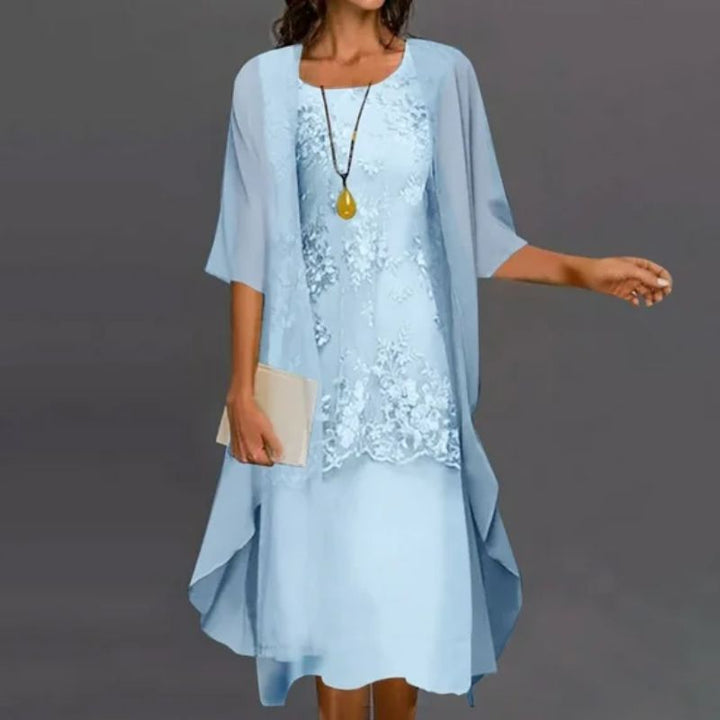 Abito midi da donna con scollo rotondo in pizzo floreale con cardigan fluido