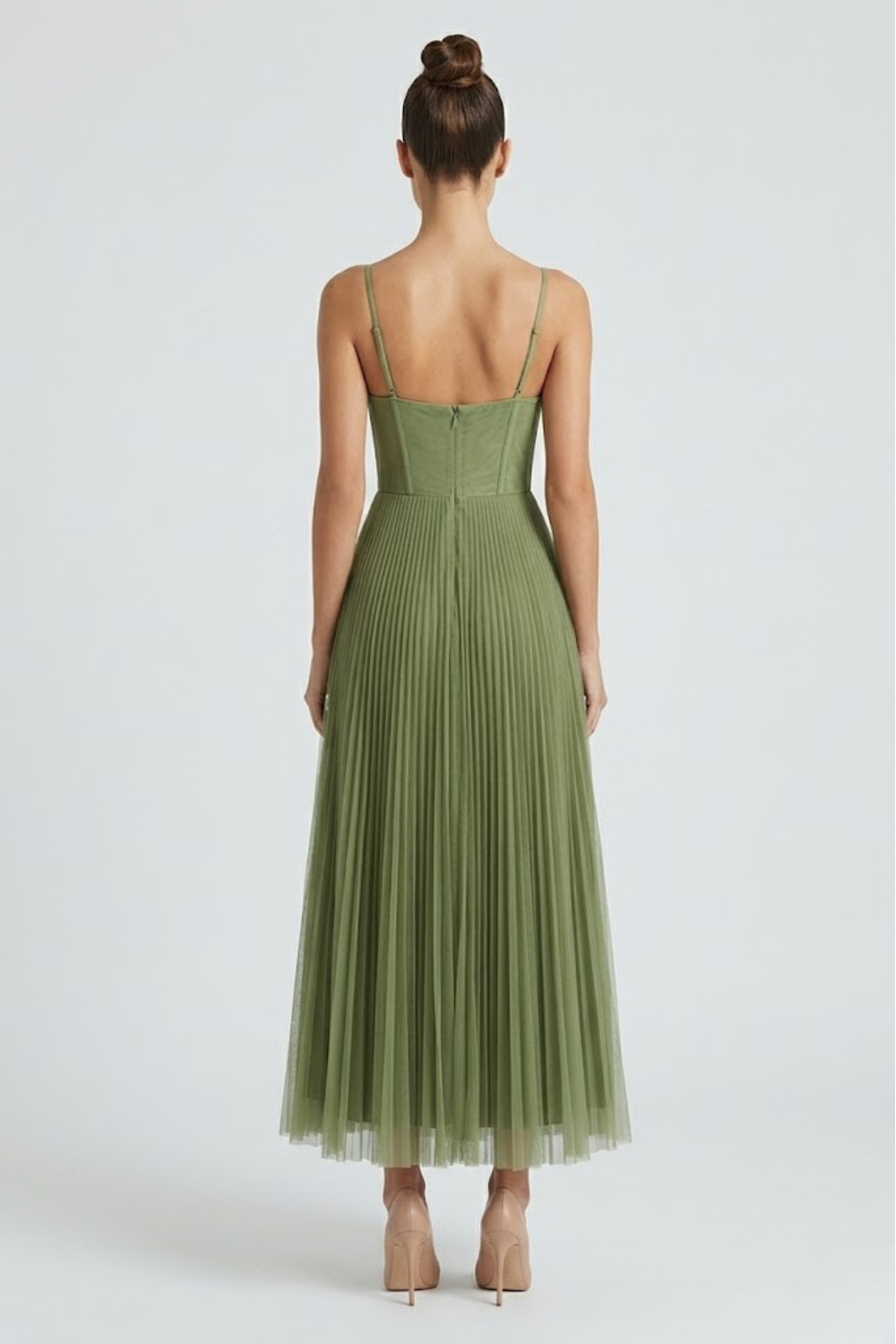 Abito midi donna bustier spalline sottili gonna plissettata in tulle