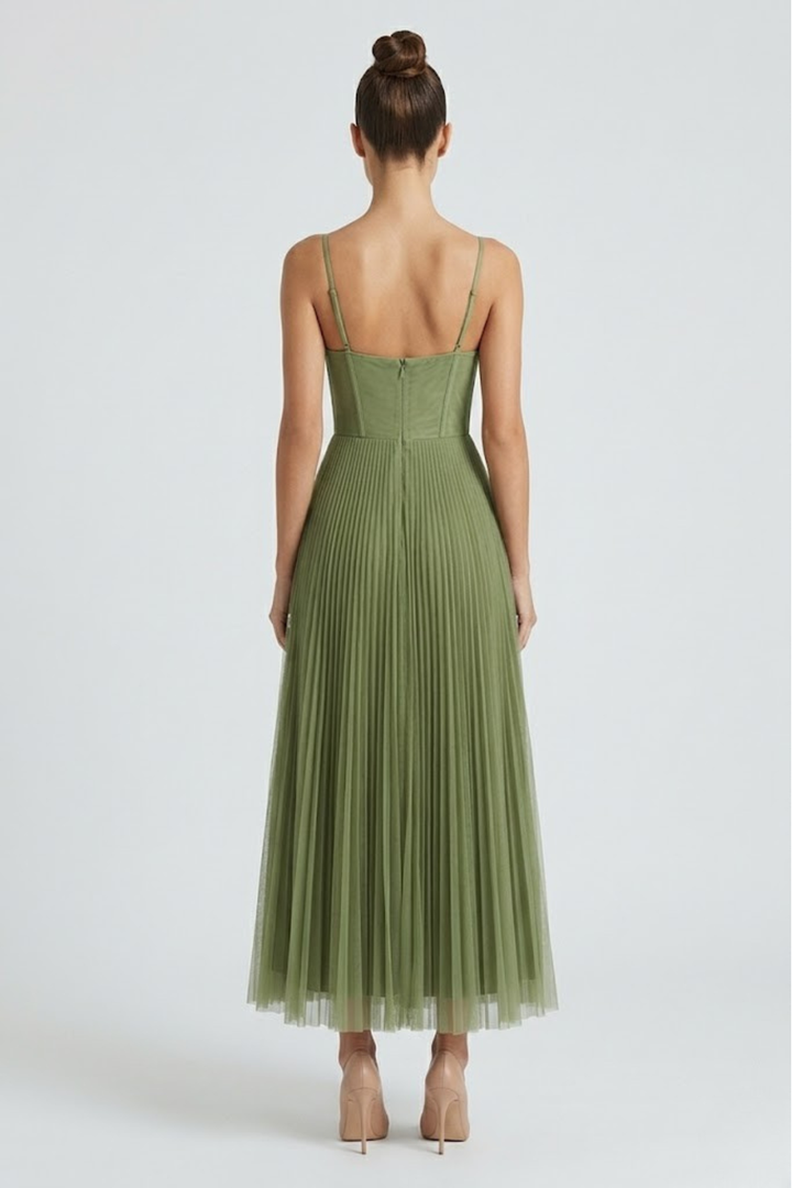 Abito midi donna bustier spalline sottili gonna plissettata in tulle