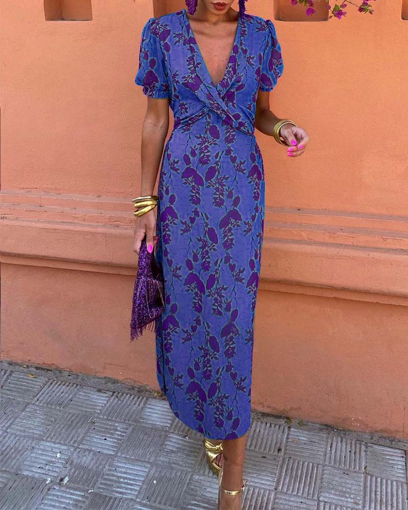 Abito midi da donna a stampa floreale con scollo a V, maniche a sbuffo, vita drappeggiata