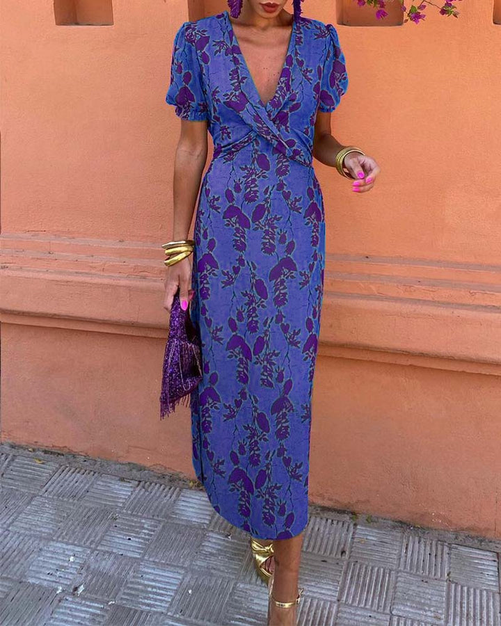 Abito midi da donna a stampa floreale con scollo a V, maniche a sbuffo, vita drappeggiata