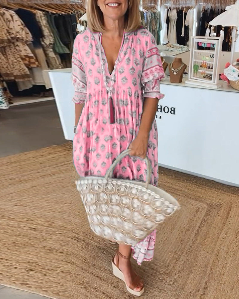 Abito midi da donna multicolore con scollo a V, maniche 3/4, stampa e volant