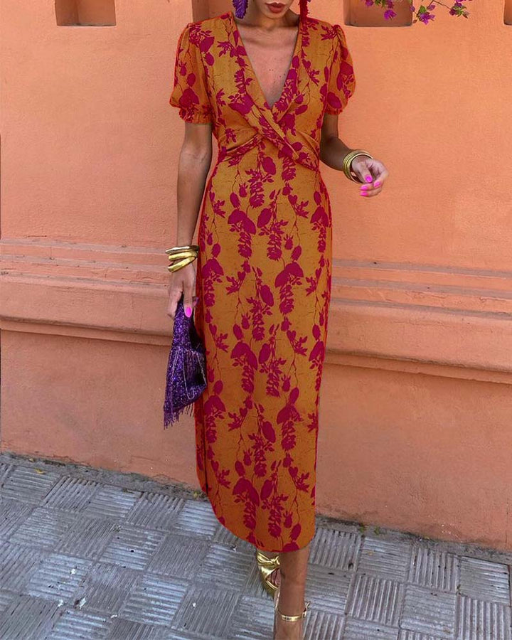 Abito midi da donna a stampa floreale con scollo a V, maniche a sbuffo, vita drappeggiata