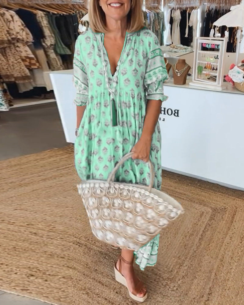 Abito midi da donna multicolore con scollo a V, maniche 3/4, stampa e volant