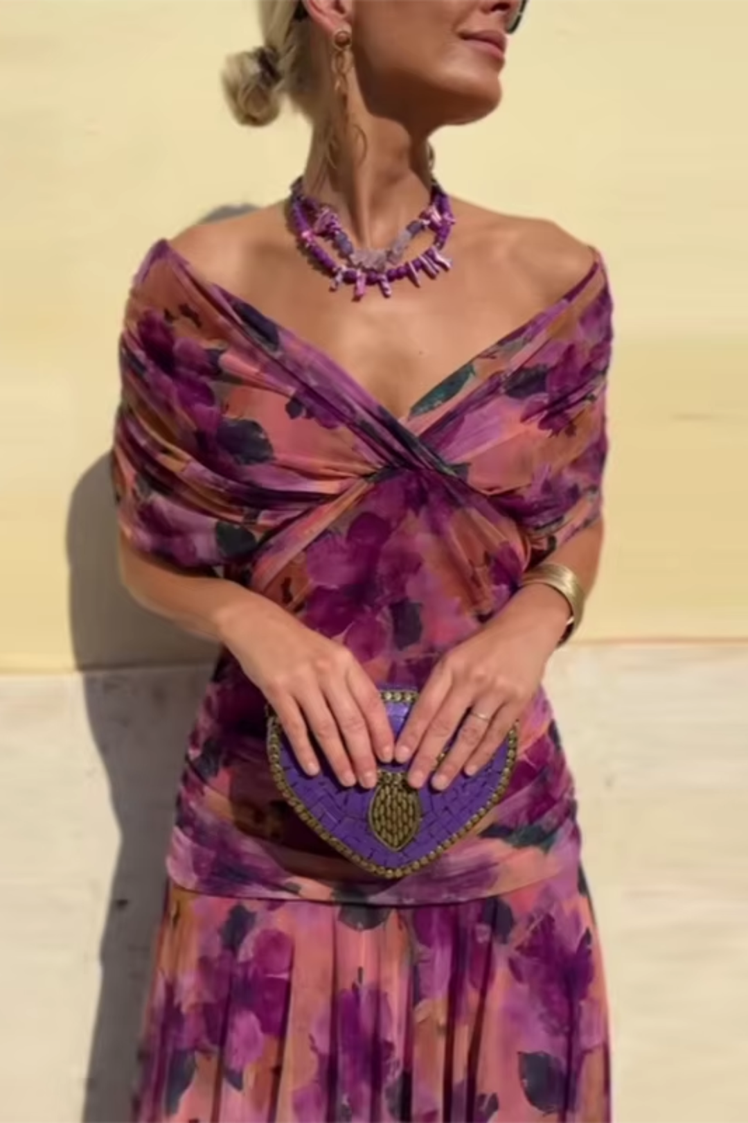 Vestito lungo da donna con scollo a V drappeggiato, maniche corte, vita arricciata, gonna fluida