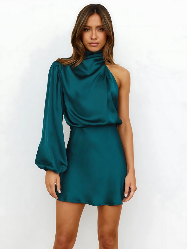 Vestito corto da donna collo alto manica lunga spalla scoperta drappeggiato
