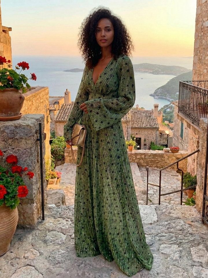 Vestito lungo da donna verde con motivo a pois e linee brillanti, scollo a V, maniche svasate