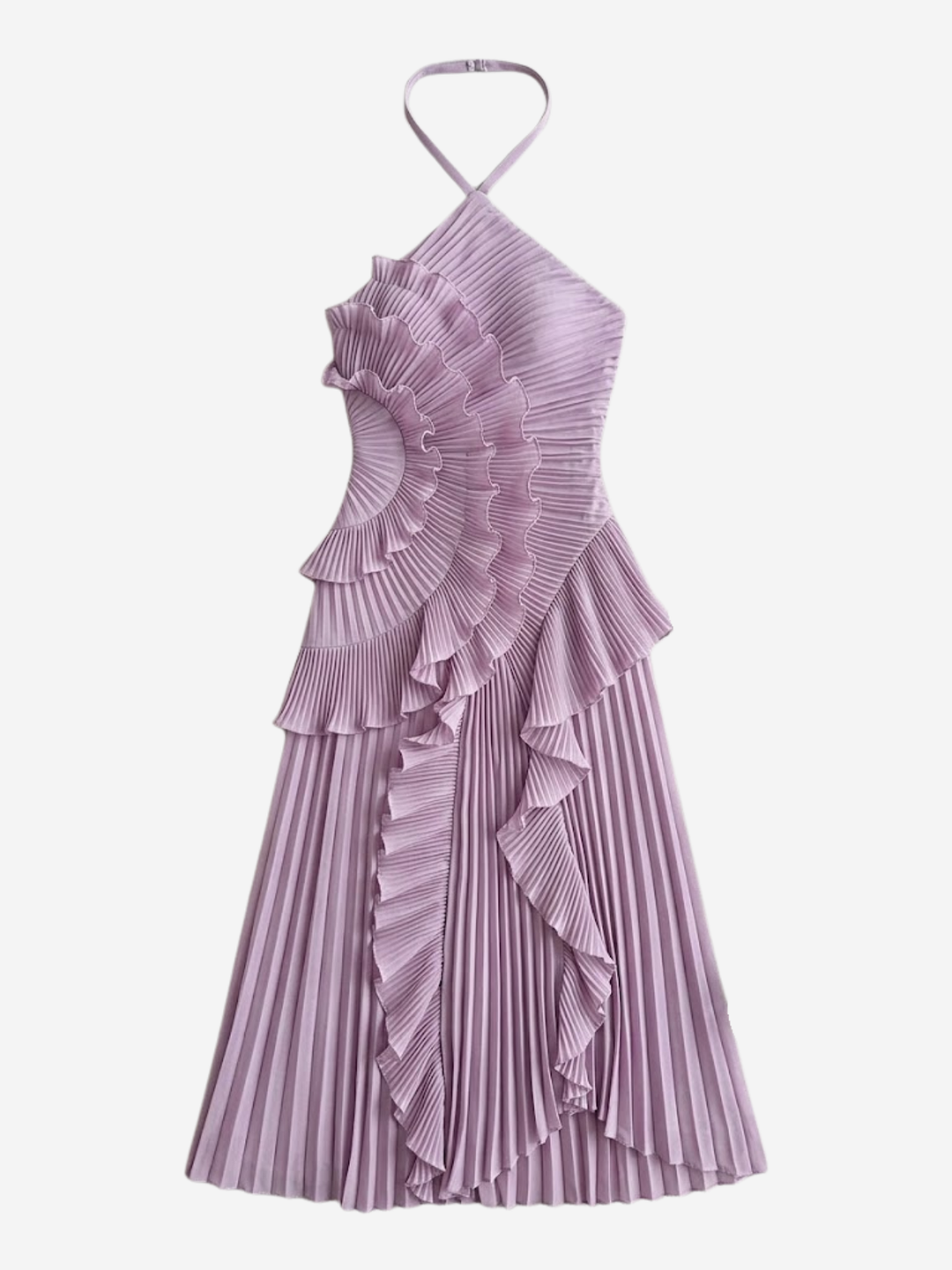 Vestito lungo donna collo all’americana plissettato con volant asimmetrici scollatura sulla schiena
