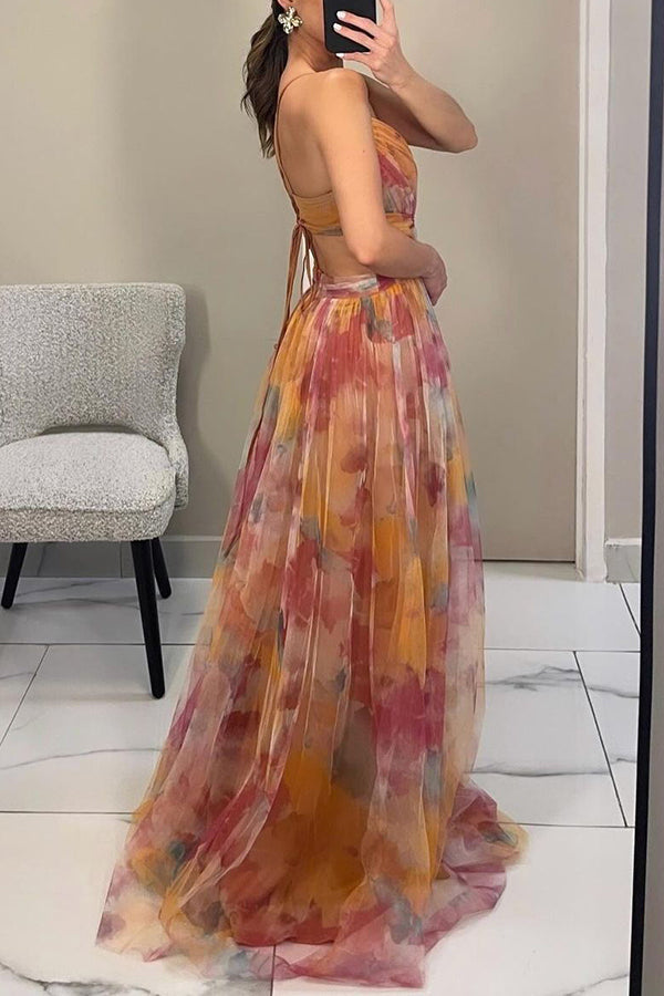 Vestito lungo da donna floreale con scollo drappeggiato, spalline sottili, vita evidenziata