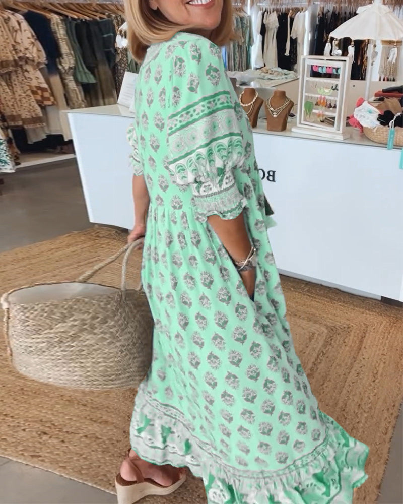 Abito midi da donna multicolore con scollo a V, maniche 3/4, stampa e volant