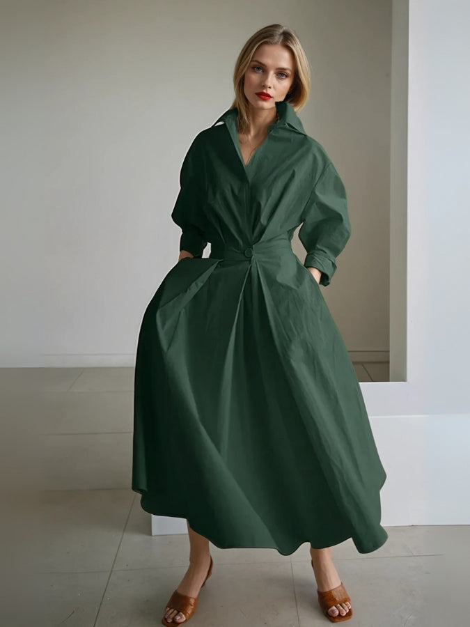 Abito midi da donna con colletto a camicia a V, maniche 3/4, plissettato, vita aderente e tasche
