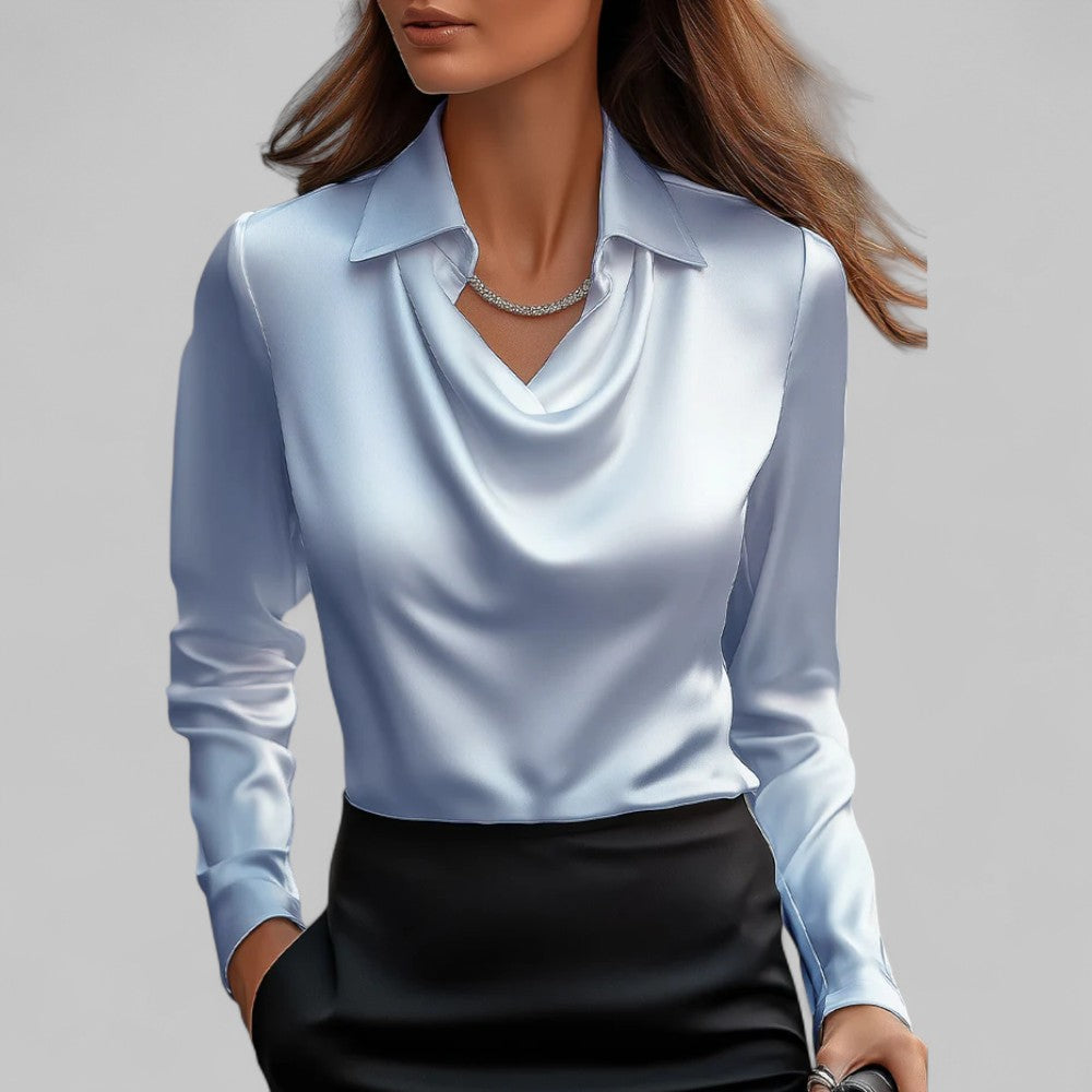 Blusa donna con colletto a camicia, colletto lavallière, linea fluida, maniche lunghe