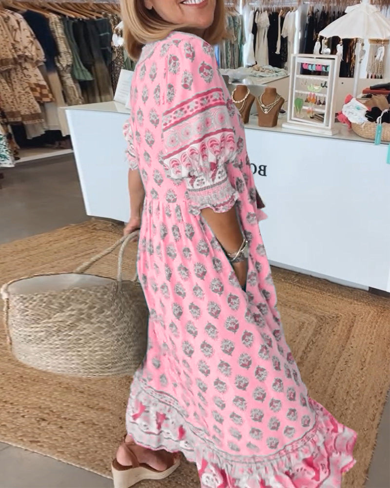 Abito midi da donna multicolore con scollo a V, maniche 3/4, stampa e volant