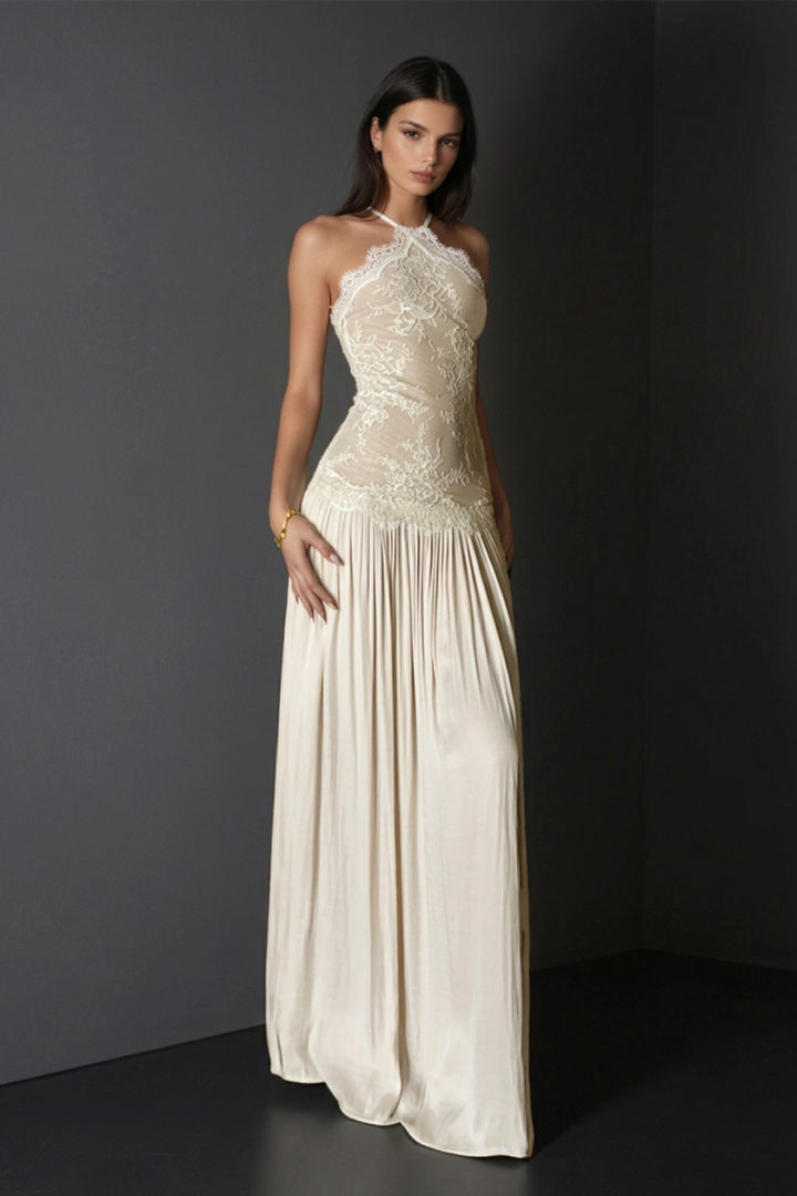Vestito lungo da donna con collo halter, bustier in pizzo, schiena scoperta, gonna plissettata