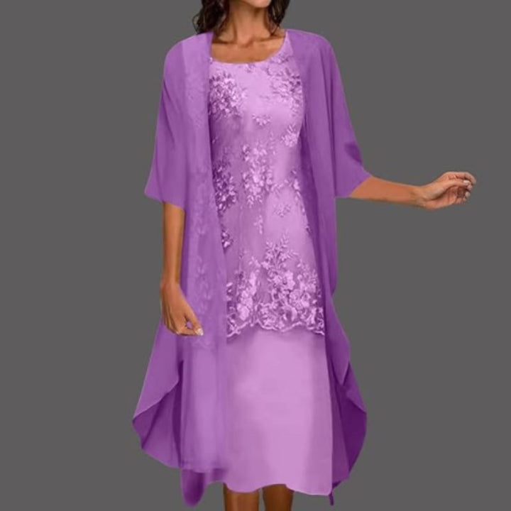 Abito midi da donna con scollo rotondo in pizzo floreale con cardigan fluido