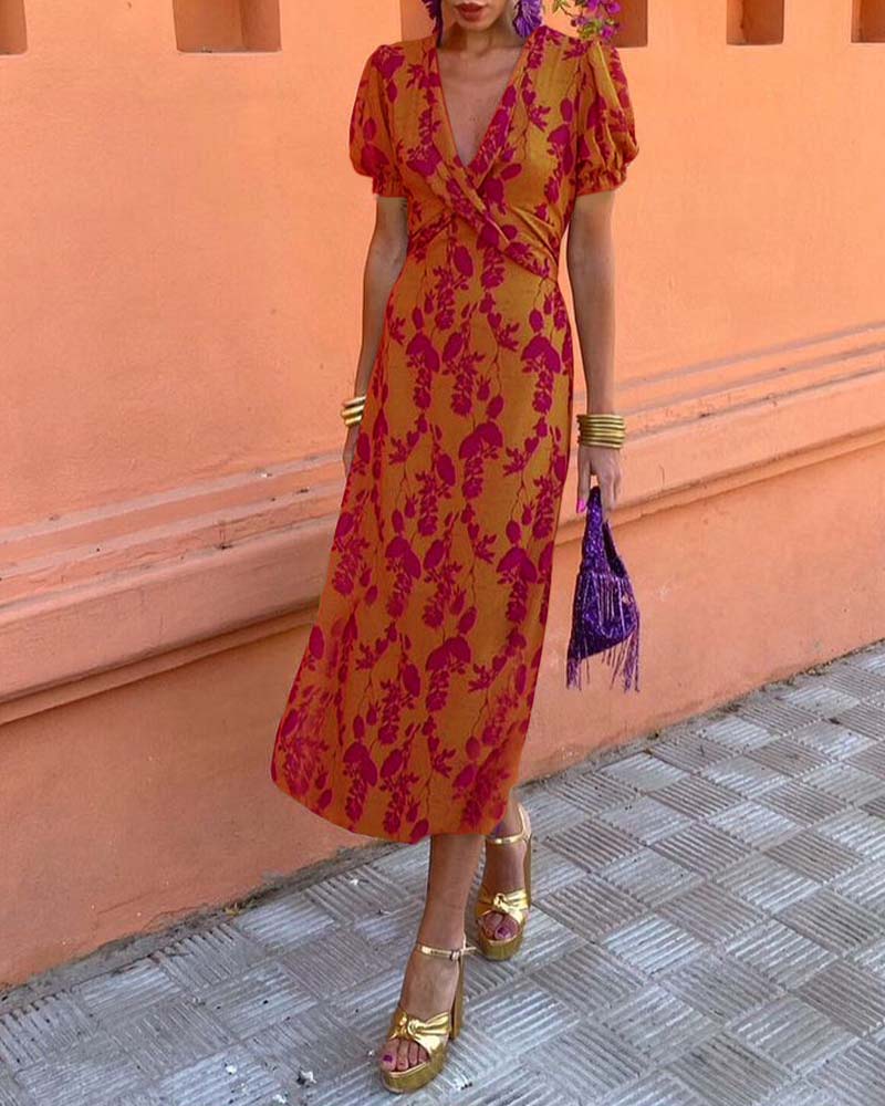 Abito midi da donna a stampa floreale con scollo a V, maniche a sbuffo, vita drappeggiata