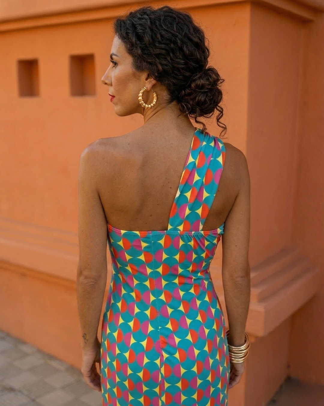 Abito midi da donna multicolore asimmetrico a una sola Spalla, stampa geometrica