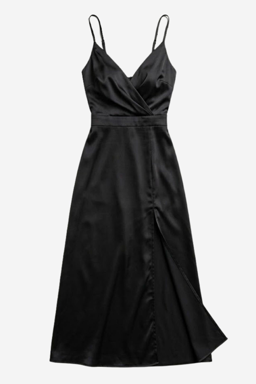 Vestito lungo donna con scollo a V, sottili spalline, vita a portafoglio, spacco