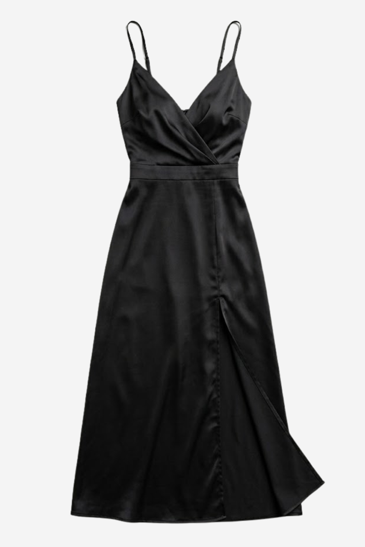 Vestito lungo donna con scollo a V, sottili spalline, vita a portafoglio, spacco