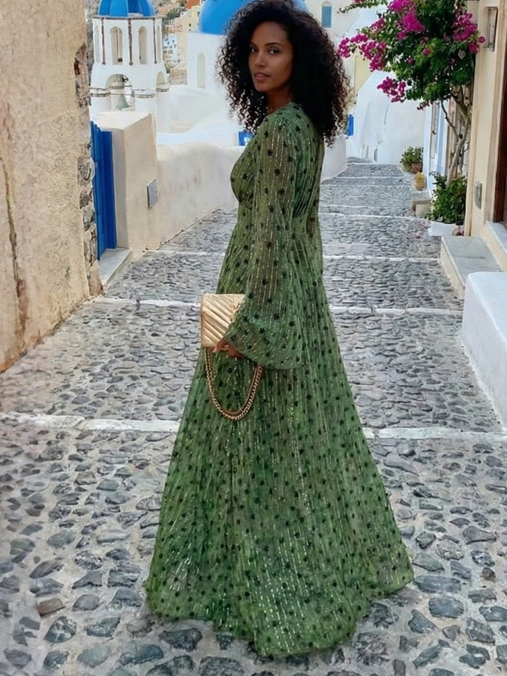 Vestito lungo da donna verde con motivo a pois e linee brillanti, scollo a V, maniche svasate