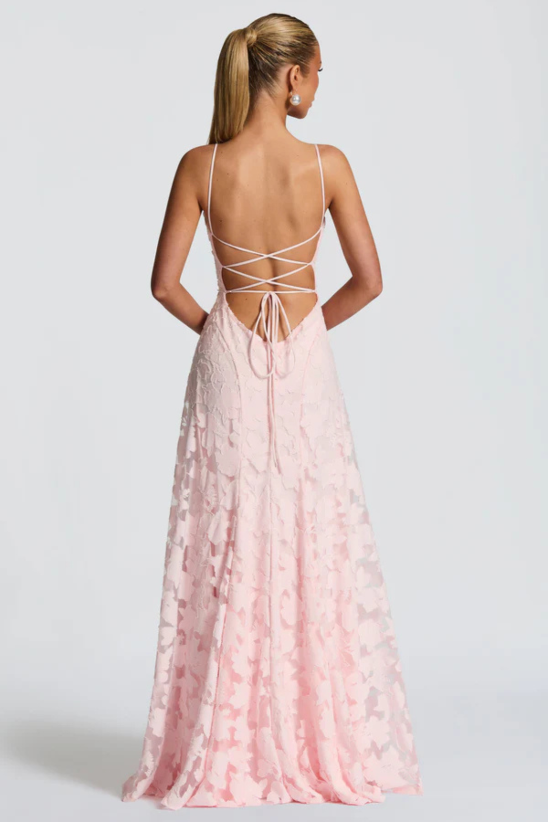 Vestito lungo donna spalline sottili scollo a cascata schiena scoperta con lacci