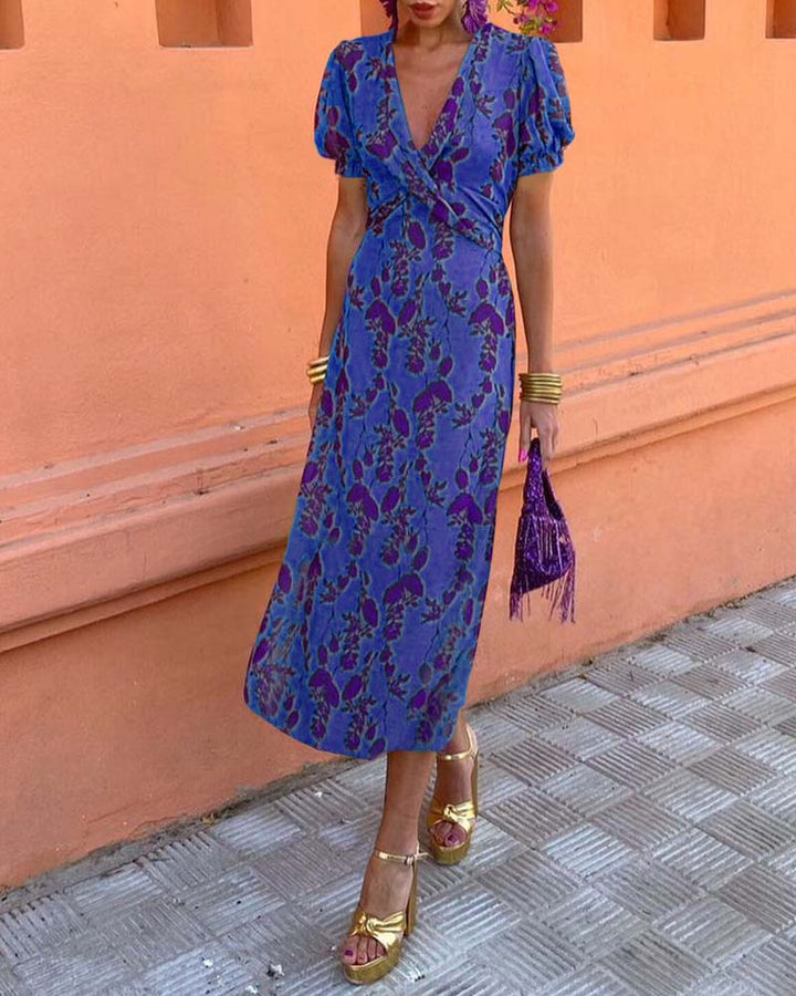 Abito midi da donna a stampa floreale con scollo a V, maniche a sbuffo, vita drappeggiata