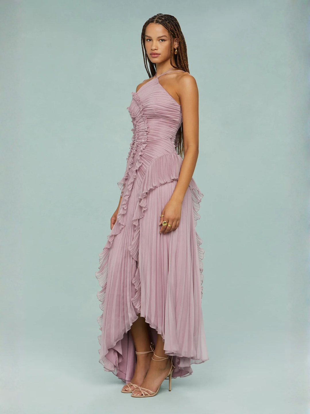Vestito lungo donna collo all’americana plissettato con volant asimmetrici scollatura sulla schiena