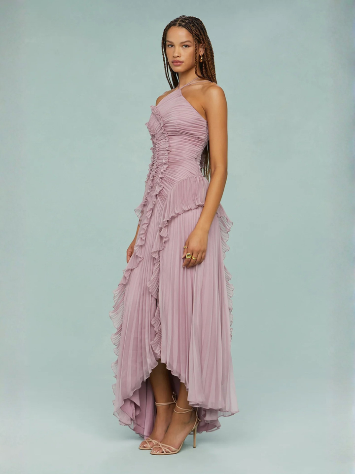 Vestito lungo donna collo all’americana plissettato con volant asimmetrici scollatura sulla schiena