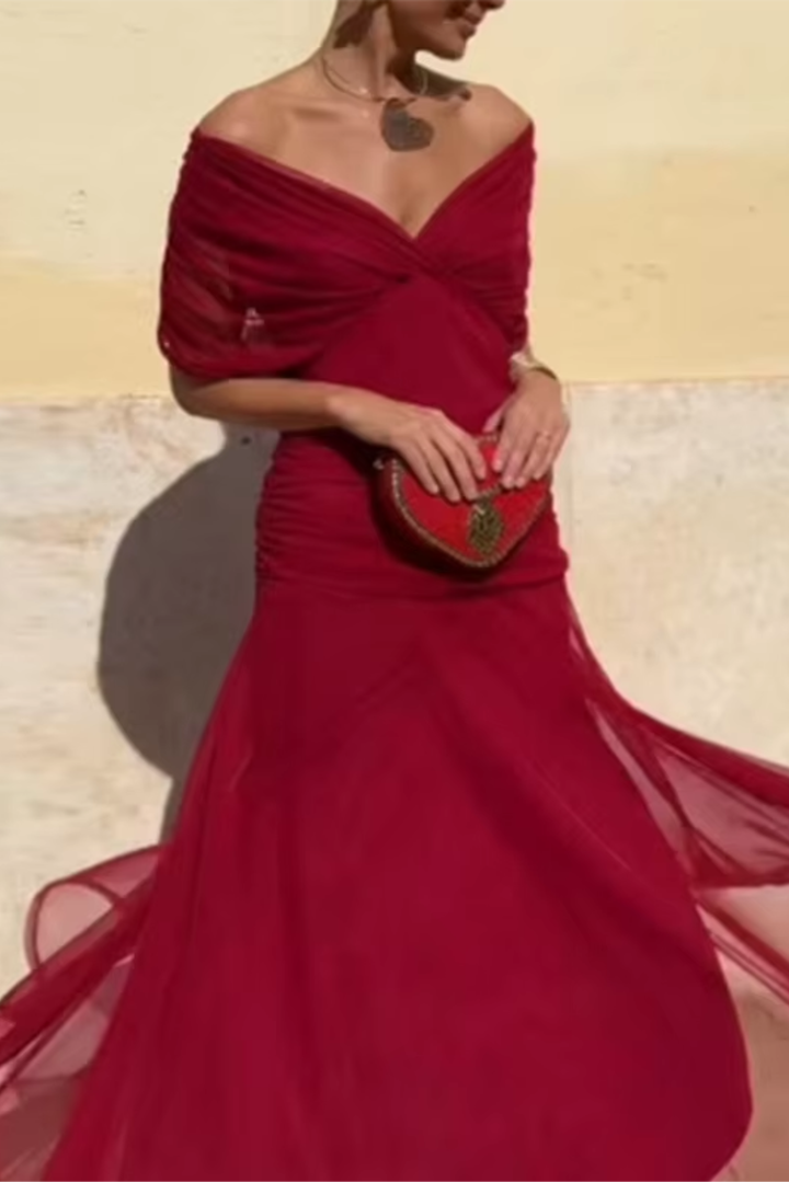 Vestito lungo da donna con scollo a V drappeggiato, maniche corte, vita arricciata, gonna fluida
