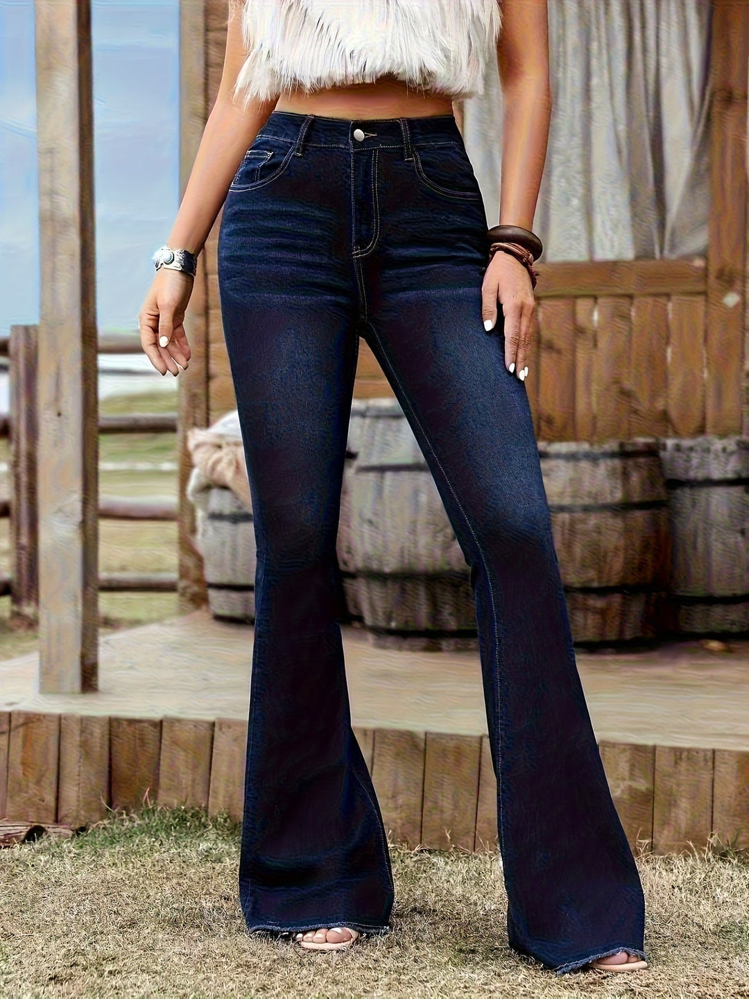 Katia | Pantaloni Donna in Denim Scuro a Vita Alta e Gamba Svasata