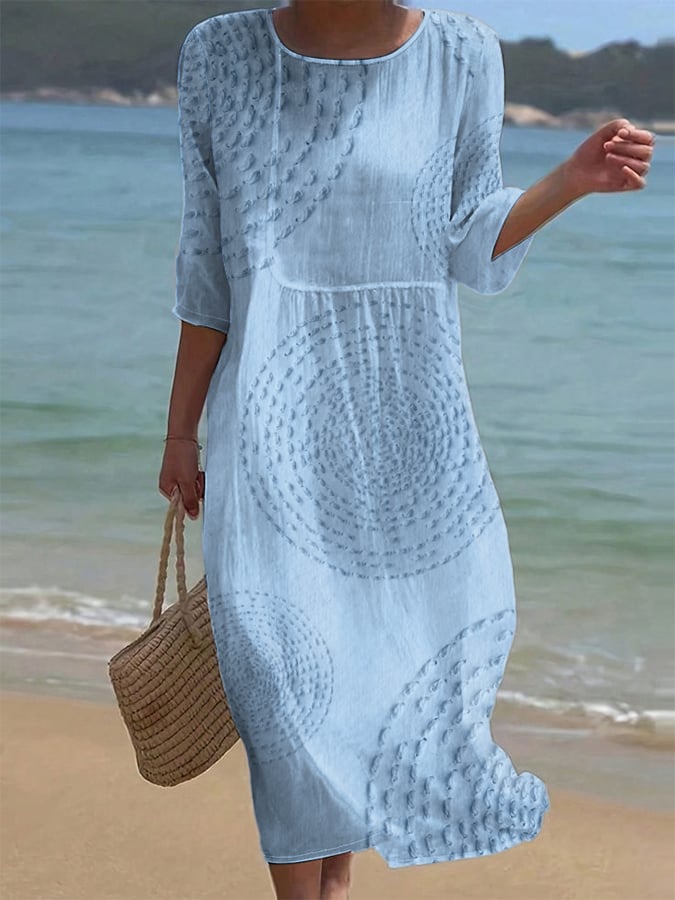 Abito midi donna con scollo tondo, maniche 3/4, motivo testurizzato, vita bassa