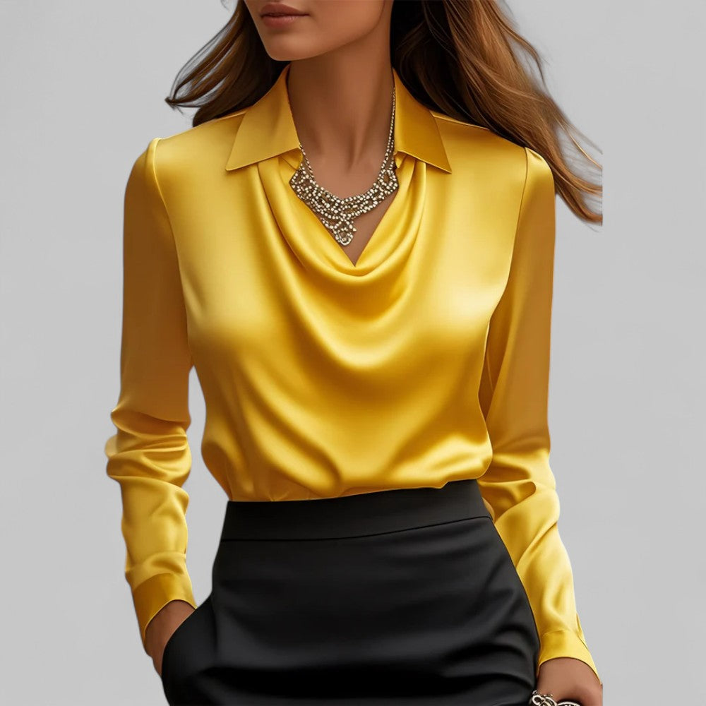 Blusa donna con colletto a camicia, colletto lavallière, linea fluida, maniche lunghe
