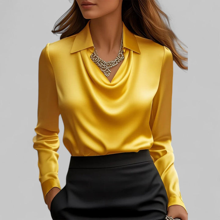 Blusa donna con colletto a camicia, colletto lavallière, linea fluida, maniche lunghe