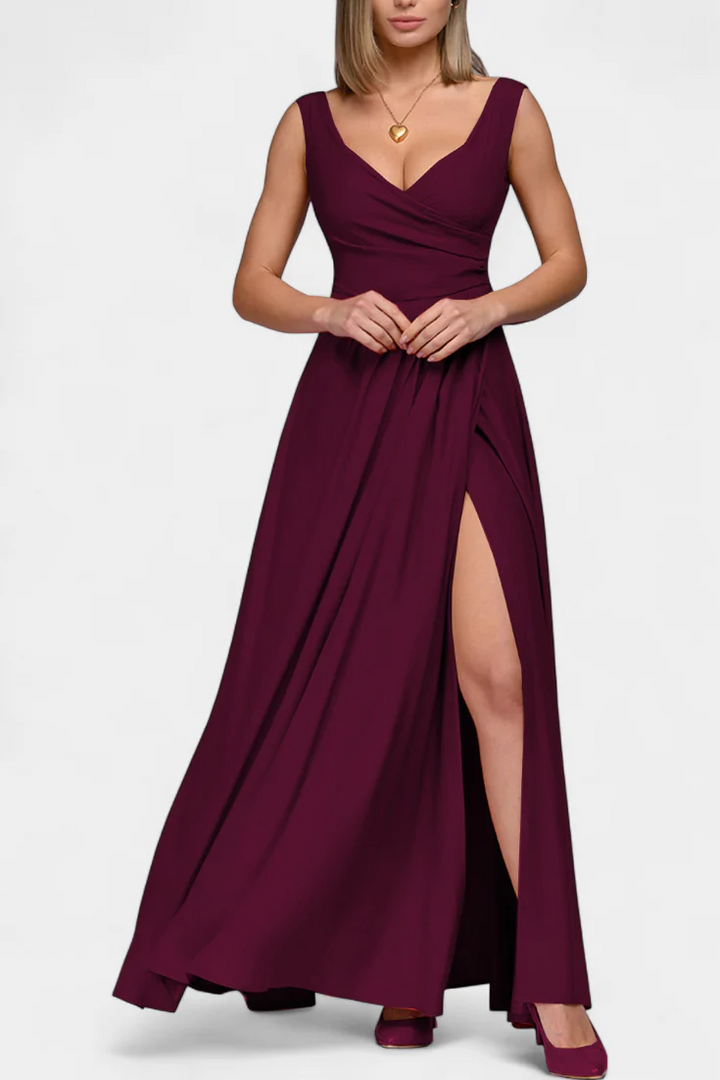 Vestito lungo da donna con scollo a V, spacco laterale, effetto incrociato, senza maniche